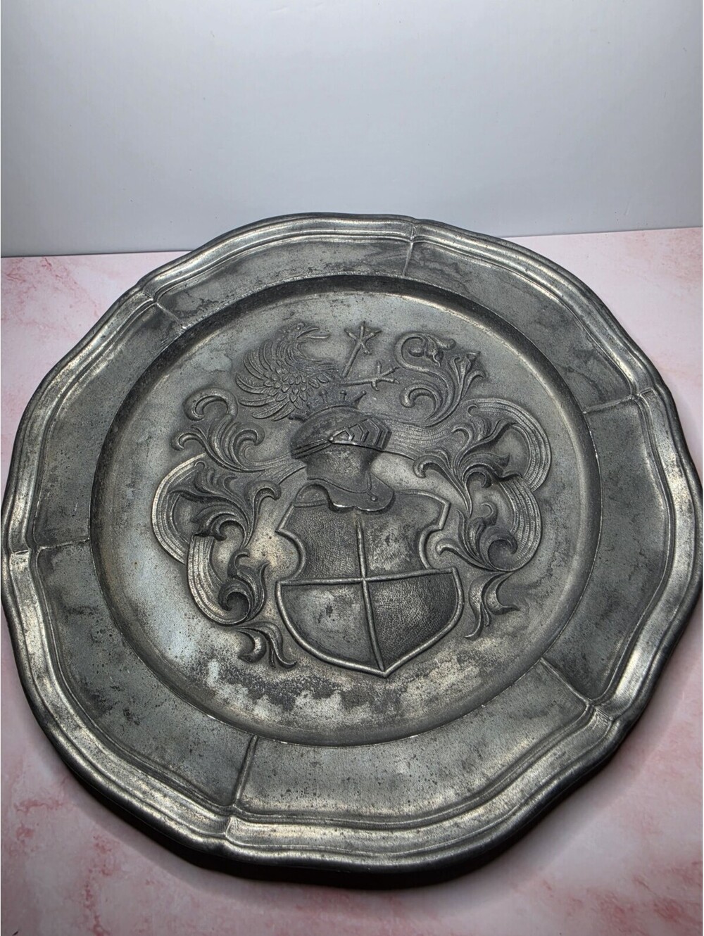 Vintage German Pewter Heraldic Coat of Arms Wall Plate